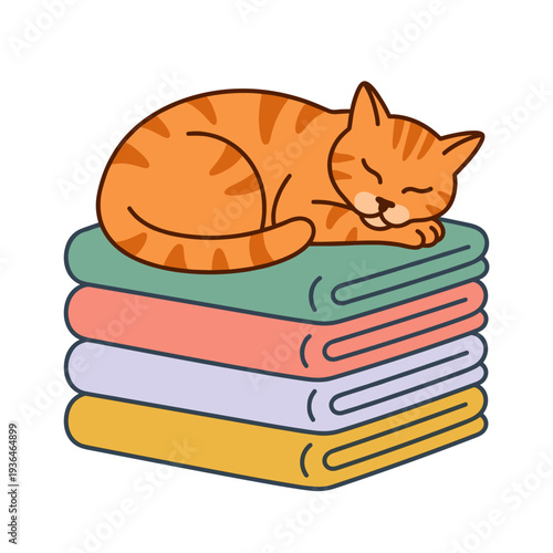 Orange tabby cat sleeping peacefully on stack of colorful clean towels isolated on light background cozy домашний comfort concept