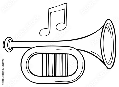 Illustration of a trumpet and a musical note isolated on white background