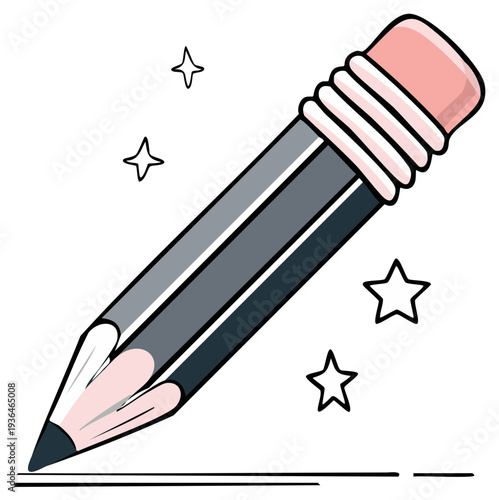Cartoon pencil illustration with eraser and stars, writing and drawing concept