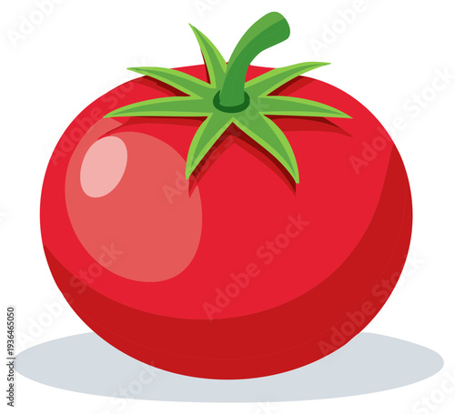 Cartoon-style illustration of a ripe red tomato with green leaves and a slight shadow.