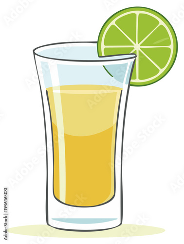 Shot glass of yellow alcohol beverage with a slice of lime on the rim illustration