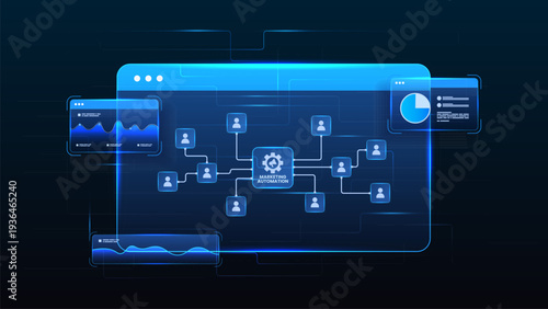 Marketing automation network diagram dashboard with client, data analytics and management system.