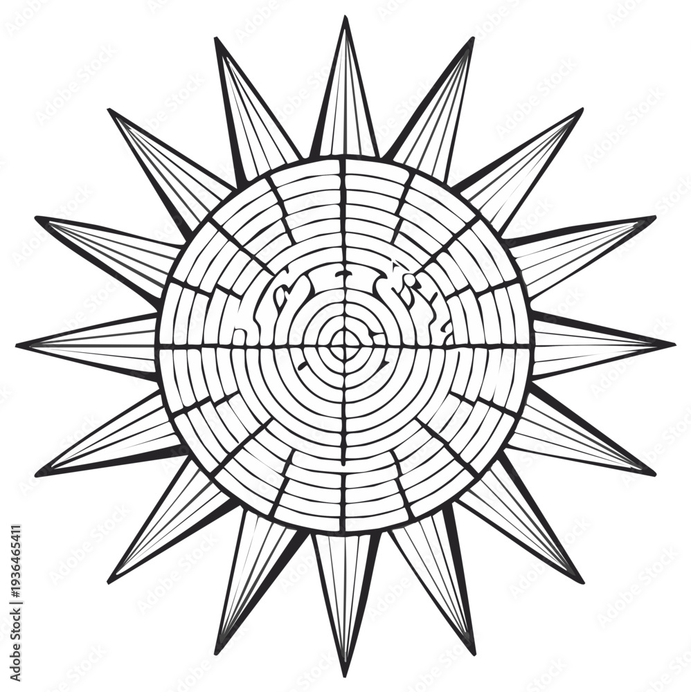 Obraz premium Intricate Abstract Sun Symbol with Radial Design and Pointed Rays Black and White Illustration