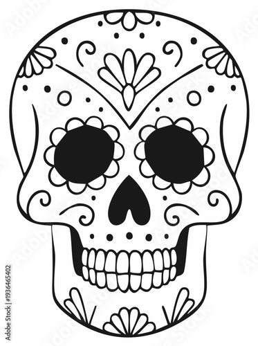 Intricate Black and White Sugar Skull Illustration For Day of the Dead Celebration