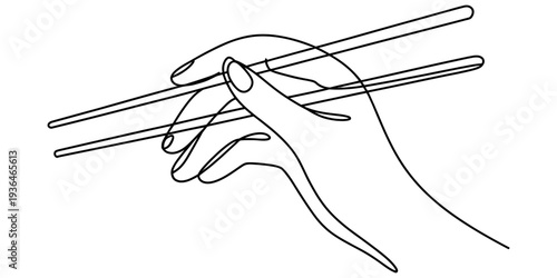 Hand holding chopsticks minimalist one line drawing food vector illustration