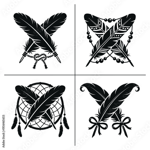 Decorative Crossed Feathers Ornament Set Silhouette Vector — Boho Tribal Native Design Collection Black Isolated Clipart EPS