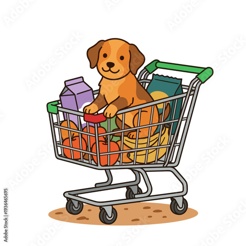 Cute puppy sitting inside grocery shopping cart with food products supermarket visit concept