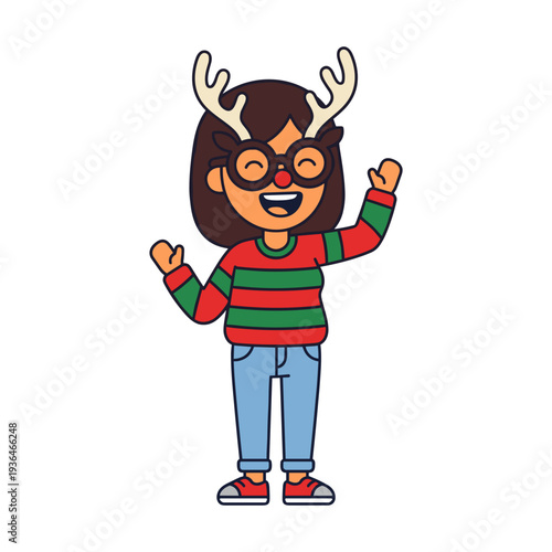Happy woman laughing while wearing funny reindeer glasses festive holiday celebration concept