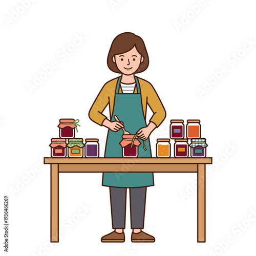 Woman wrapping homemade jam jars with fabric covers preserving food concept