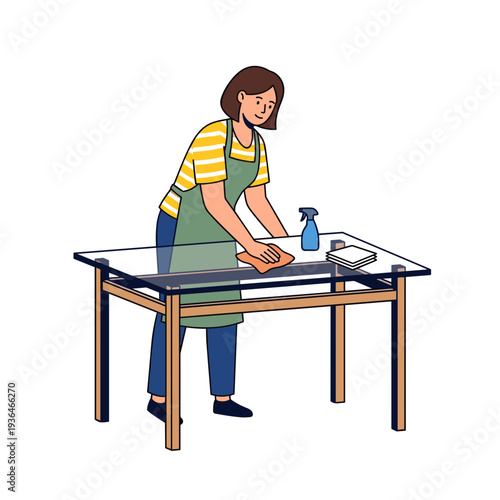 Woman cleaning glass dining table with cloth household chore concept