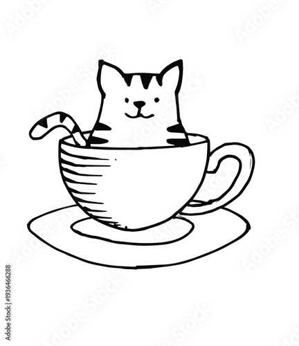 funny cartoon, cat in a cup of coffee doodle hand drawn sketch