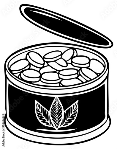 Open can filled with round candies and a tobacco leaf symbol on the label, black and white illustration