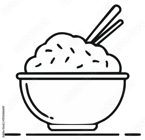 Simple outline illustration of a classic bowl of steamed rice with chopsticks an essential Asian meal