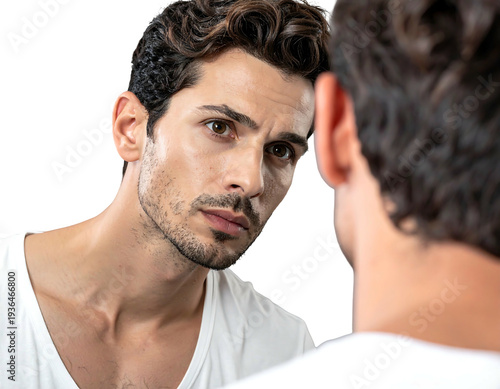 A man gazes intently at his reflection in a mirror, exhibiting a look of contemplation and possibly worry
