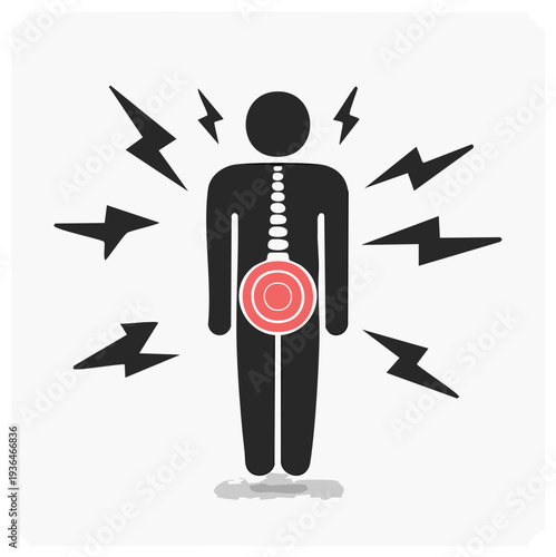 Human figure silhouette with radiating pain points and spinal discomfort illustrated concept
