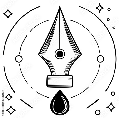 Elegant black and white ink pen nib art with stylized decorative elements, a graphic design perfect for calligraphy concepts