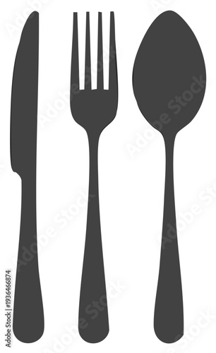 Minimalist Cutlery Set in Dark Gray Featuring Knife Fork and Spoon Isolated on White Backdrop