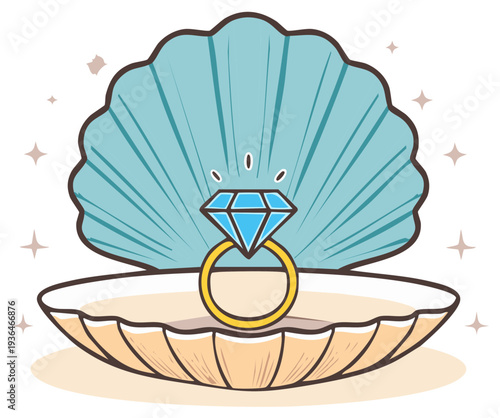 Engagement ring in open seashell, proposal illustration, marriage symbol, wedding theme