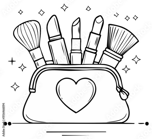 Cosmetic bag with makeup brushes and lipsticks illustration