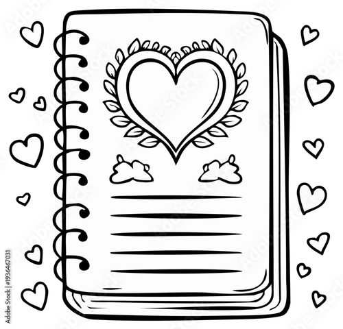 Notebook with heart decoration and blank pages, illustration for valentine's day, wedding invitation
