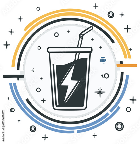 Refreshing energy drink in a cup with straw surrounded by colorful circle design elements promoting revitalization and power for active lifestyle