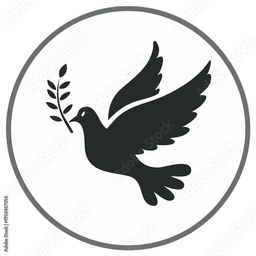 Peace dove icon with olive branch inside of a circle