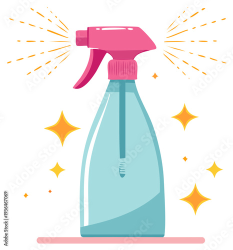 A bright pink trigger spray bottle with a light blue liquid dispensing a fine mist with sparkling highlights