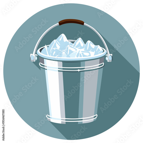 Silver bucket filled with ice cubes and water against a teal background