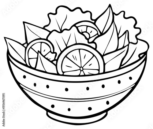 Fresh salad with citrus slices in a decorative bowl simple illustration