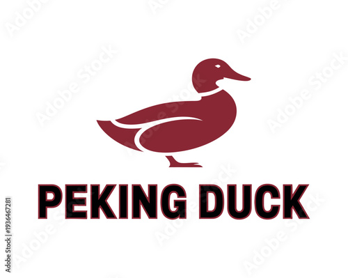 A logo of a Peking duck with a maroon duck silhouette and black text on a white background