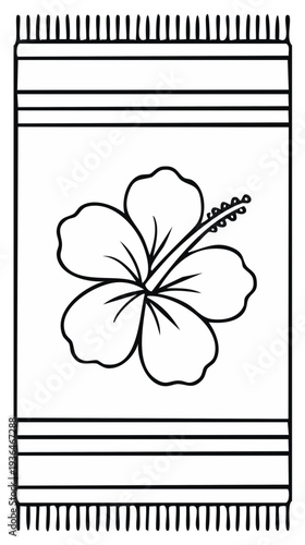Beach Towel with Tropical Flower Design in Black and White Line Art