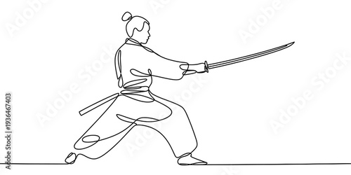 Samurai warrior with katana minimalist one line martial arts illustration