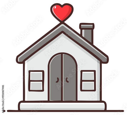 Cute cartoon house with a red heart on top, symbol of love and home.