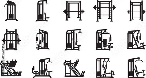 Set of black gym equipment icons vector illustration workout fitness