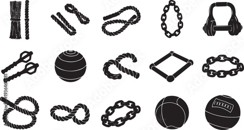 Black metal gym equipment set icons isolated on white background vector