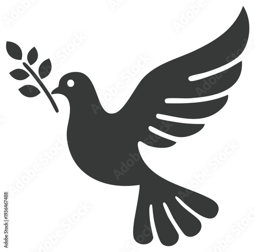 Minimalist black silhouette icon of a flying dove holding an olive branch symbol of peace