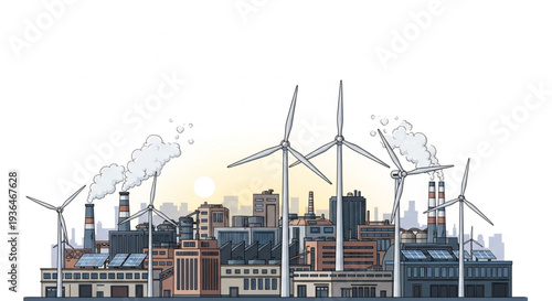 Wind Turbines Over Industrial Cityscape.