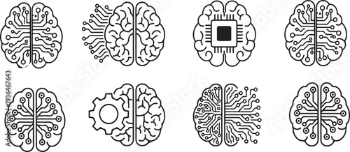 Circuit board brain illustrations for AI and tech concepts