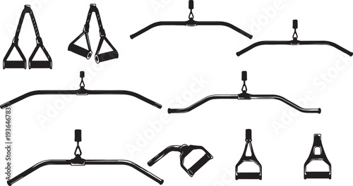 Set of black minimalist gymnastic rings and straps isolated on white background