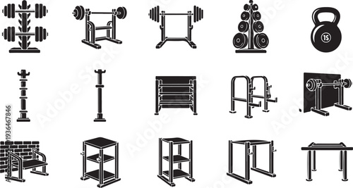 Black and white gym equipment set icons fitness workout gear vector illustration