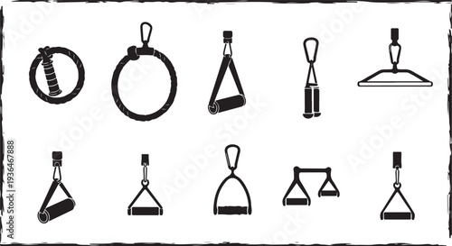 Set of black and white gymnastic rings and balance training icons isolated