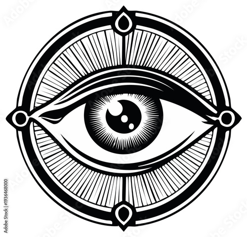 Stylized Eye Symbol Inside Geometric Circle With Sun Rays Abstract Design