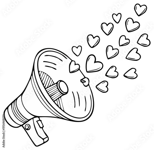 Hand drawn illustration of a megaphone with hearts floating out creating a message of love and affection