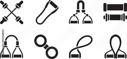 Set of black fitness gym equipment icons isolated on white background vector illustration