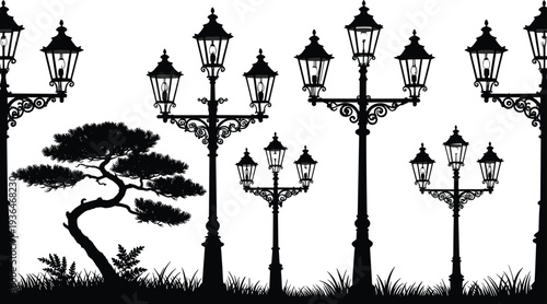 Vintage ornate street lamps silhouette, artistic bonsai tree design, black and white illustration, decorative urban nature scene for background