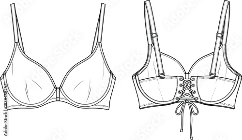 Underwire bra front and back technical flat fashion illustration, lace‑up closure straps molded cups lingerie garment design drawing sketch