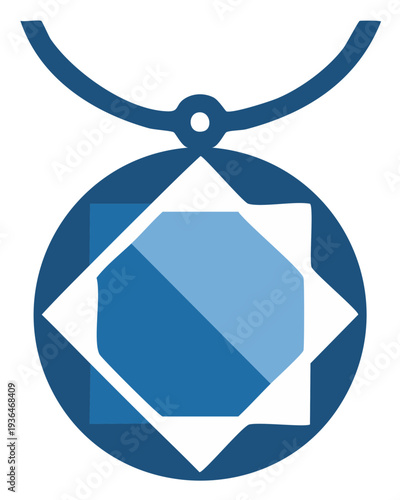 Blue geometric medallion illustration, jewelry or decoration concept, isolated design.