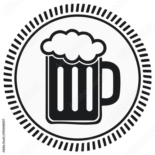 Black and white icon of a beer mug with frothy head inside a circular border