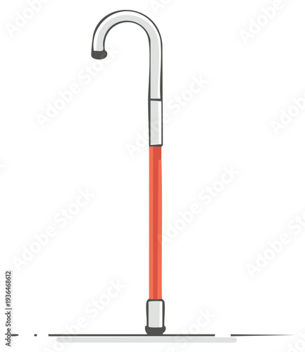 Walking cane illustration drawing of red and silver walking stick on white