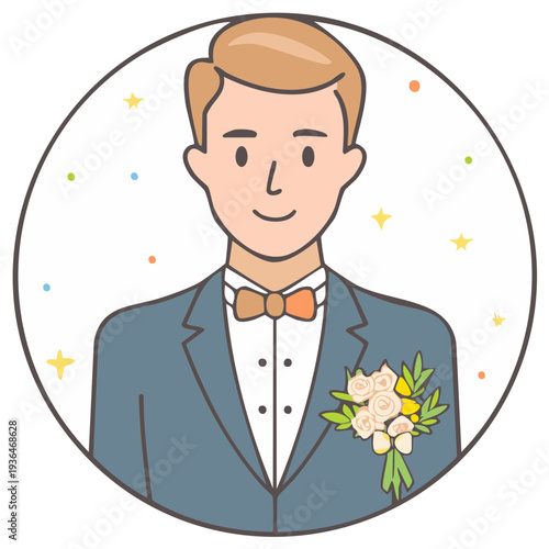 Smiling groom with boutonniere in blue suit at wedding celebration surrounded by shining stars graphic illustration